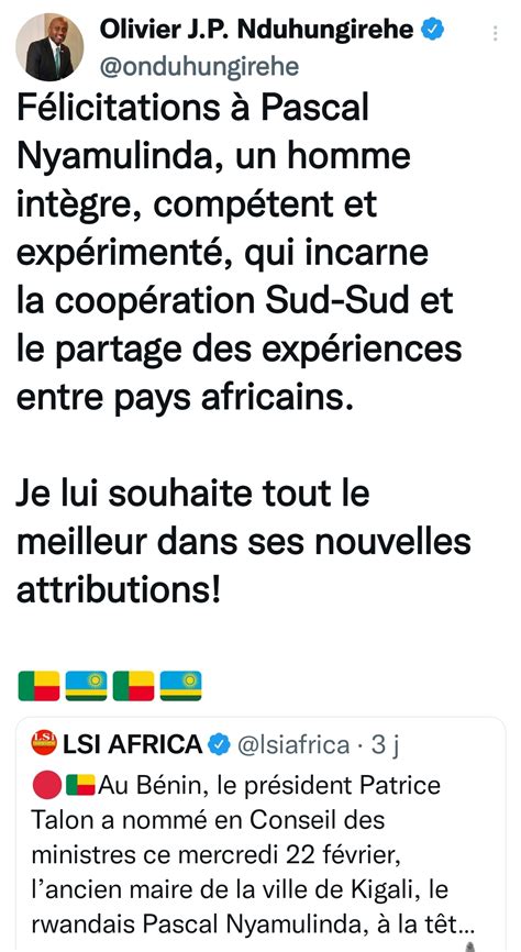 B Nin Patrice Talon Nomme Le Rwandais Pascal Nyamulinda Dg De L