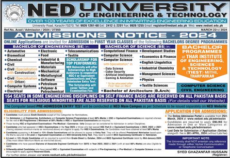 Ned University Of Engineering And Technology Admissions 2024 Resultpk