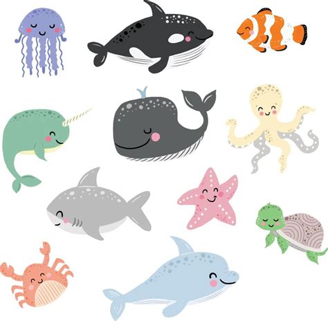 Set with hand drawn sea life elements. Sea animals. doodle cartoon set ...