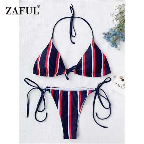 Zaful 2019 Women New Striped Halter String Bikini Set Sexy Low Waisted