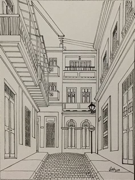 A Drawing Of An Alleyway With Stairs And Balconies