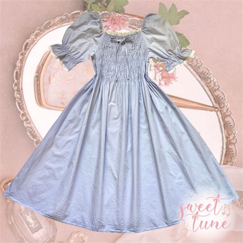 Pastel Blue Smocked Puff Sleeves Maxi Dress W Lace Ruffles And Ribbon Womens Fashion Dresses