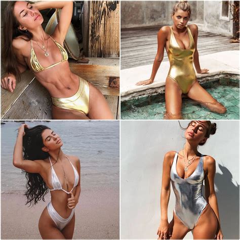 2019 New High Waist Bikini Set Gold Silver Bandeau Swimsuit Sexythong