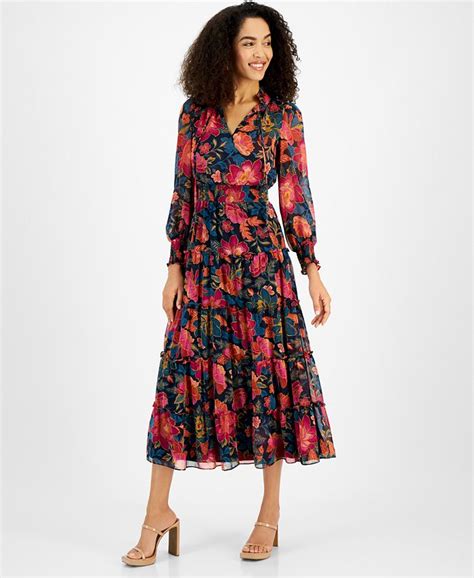 Msk Womens Floral Print Smocked Tiered Maxi Dress Macys