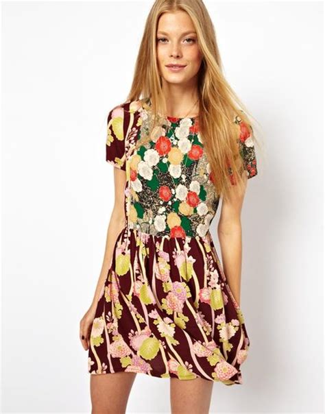 Asos Skater Dress With Floral Patchwork In Multicolor Print Lyst