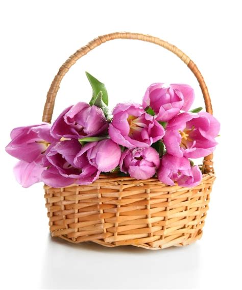 Premium Photo Beautiful Bouquet Of Purple Tulips In Basket Isolated