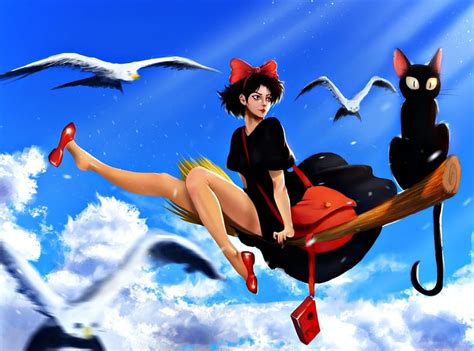 Kiki S Delivery Service Witch Art Caio Santos Black Bow Cat Seagull Sky Hd Wallpaper