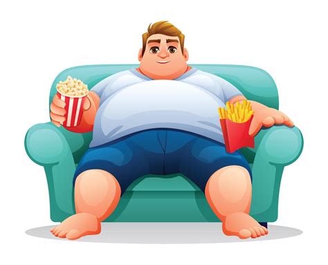 Fat Man Sitting On The Sofa With Popcorn And French Fries Illustration