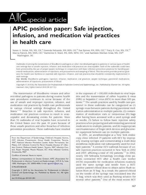 Pdf Apic Position Paper Safe Injection Infusion And · Apic