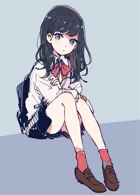 Safebooru 1girl Backpack Bag Bangs Bare Legs Black Hair Blue Background Blue Eyes Bow Bowtie