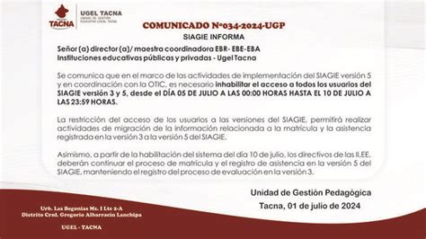 Comunicado Nº34 SIAGIE Informa Noticias Unidad de Gestión