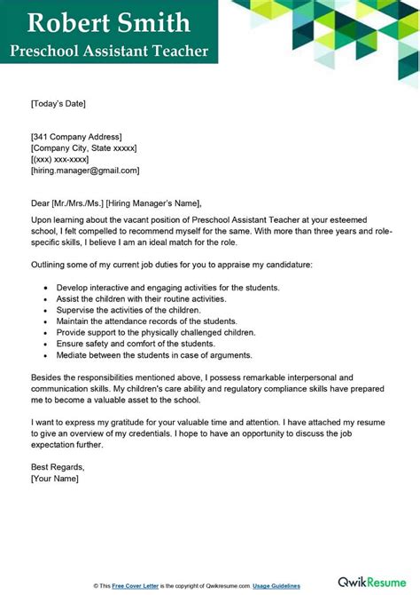 Preschool Assistant Teacher Cover Letter Examples QwikResume