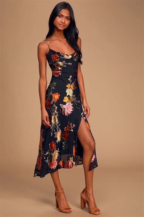 Gaia Black Floral Print Satin Cowl Neck Midi Dress In Satin Midi