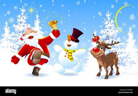 Santa Claus Deer Rudolph And Snowman In The Winter Forest Merry Santa