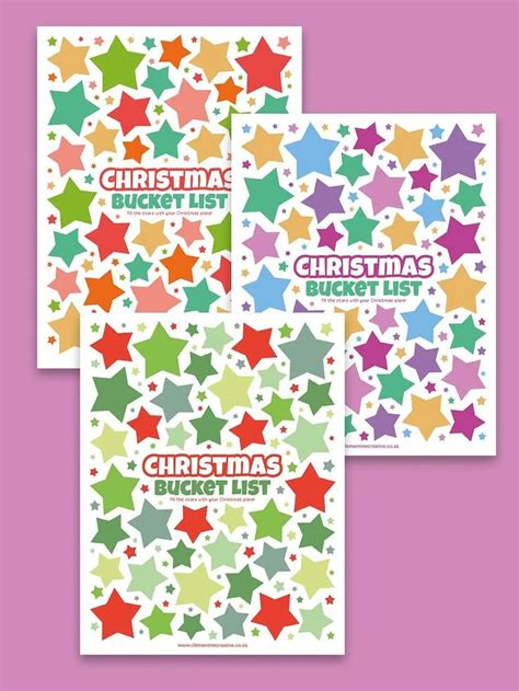 Three Christmas Stickers With Stars And The Words Christmas Bucket