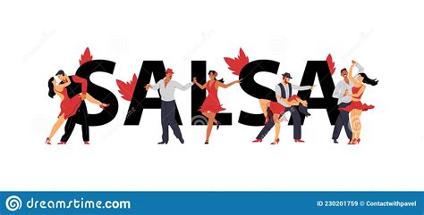 Word Salsa In Big Letters And Men And Women Dancing Flat Vector