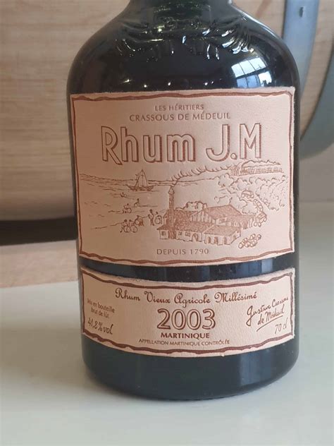 RHUM VIEUX JM 70 CL 41 8 MILLESIME 2003 ETIQUETTE CUIR 15 ANS Rhum