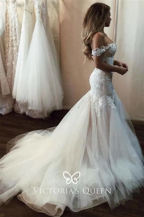 Off The Shoulder Lace And Tulle Drop Waist Wedding Dress Vq