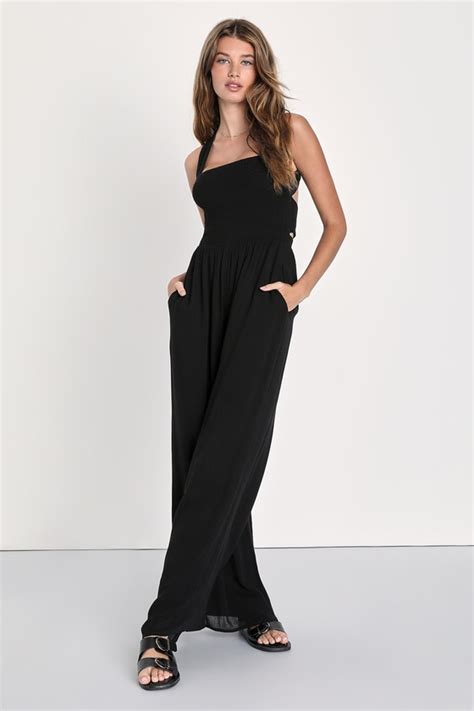 Black Smocked Jumpsuit Tie Back Jumpsuit Wide Leg Jumpsuit Lulus