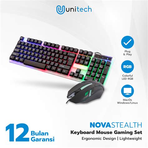 Jual Keyboard Mouse Gaming Unitech Novastealth PC Full Set LED RGB K518