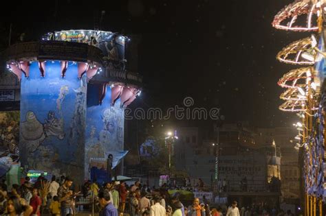 Crowd Of People At Varanasi Ghat In Night Editorial Stock Photo Image