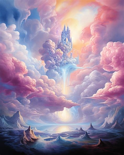 Premium Photo | Painting of a castle in the clouds above a body of ...