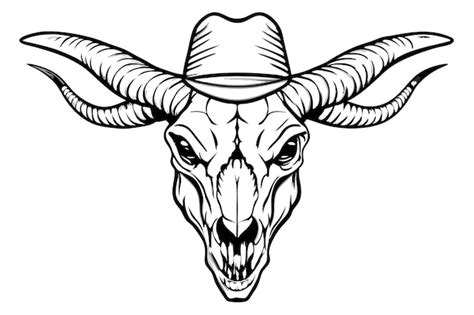 Western Goat Skull With Horns And Cowboy Hat Rustic Vector Illustration