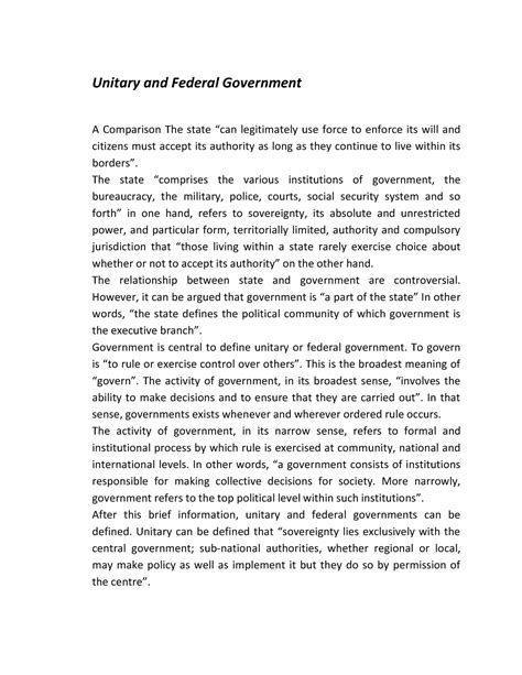 Unitary And Federal Government Unitary And Federal