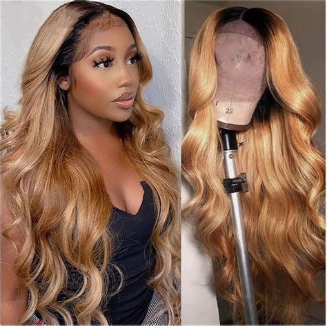 KIZQYN Perücken Ombre Body Wave Lace Front Perücke T1b 27 Honig