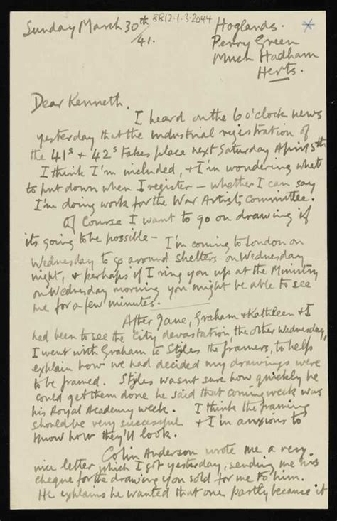 Letter From Henry Moore To Kenneth Clark Henry Moore OM CH