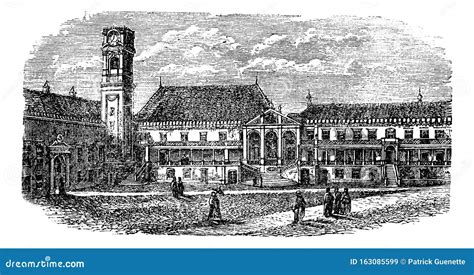 University of Coimbra, in Coimbra, Portugal, Vintage Engraving Editorial Stock Image ...