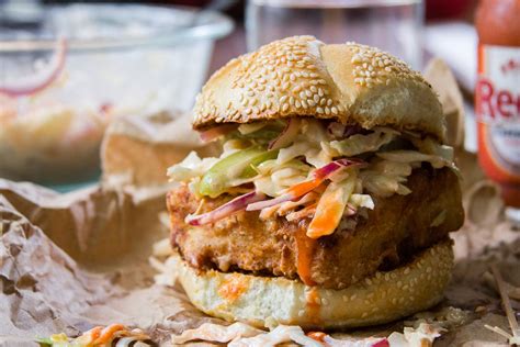 Chicken Fried Tofu Sandwiches With Spicy Buffalo Slaw Connoisseurus Veg