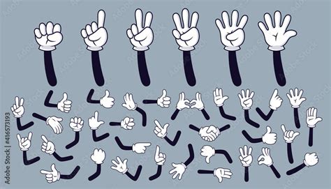 Cartoon Hands Comic Arms With Four And Five Fingers In White Glove