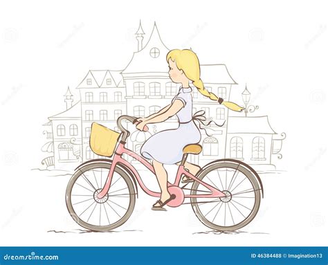 Menina Em Uma Bicicleta Em Uma Cidade Europeia Ilustra O Do Vetor