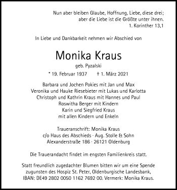 Traueranzeigen Von Monika Kraus Nordwest Trauer De