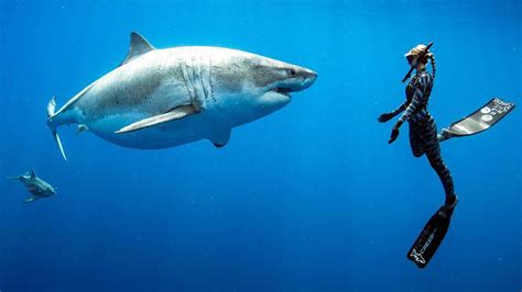 Taucher Stossen Vor K Ste Hawaiis Auf Riesigen Weissen Hai