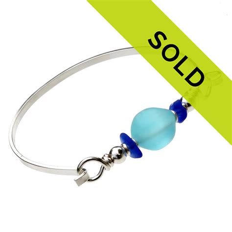 Blue Sea Glass Sterling Bangle Bracelet With Vivid Aqua Bead Sb1373