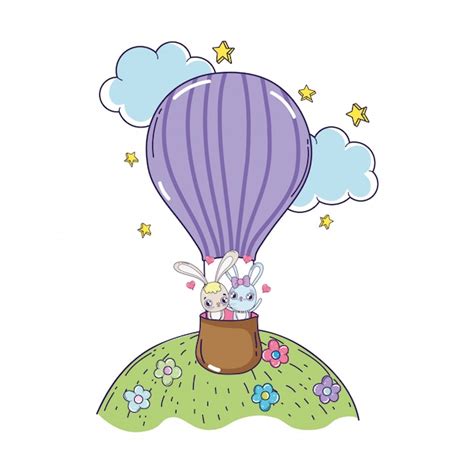 Premium Vector Rabbits Couple Flying In Balloon Air Hot Valentines Day