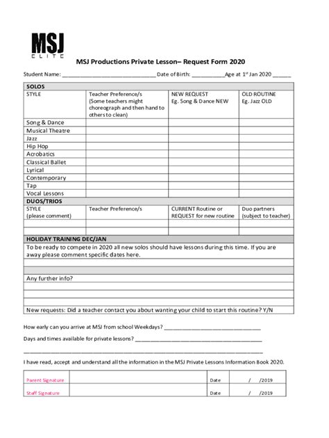 Fillable Online MSJ Productions Private Lesson Request Form 2020 Fax