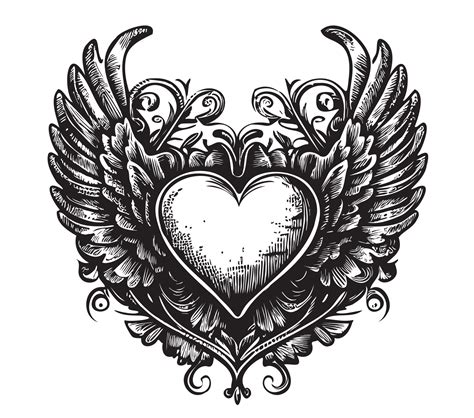 Heart with wings sketch hand drawn in heraldry Vector illustration ...