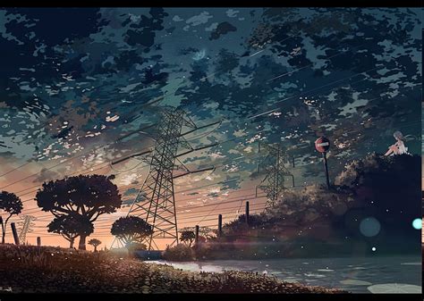 Anime Girls Sunset Glow Sunset Power Lines Utility Pole Clouds Balcony Hd Wallpaper