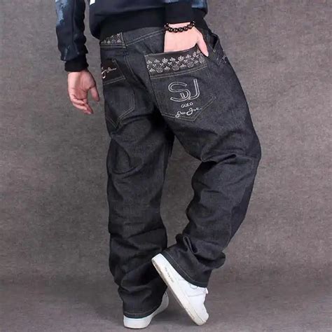 New Fashion Black Embroidery Baggy Jeans Men Hip Hop Streetwear