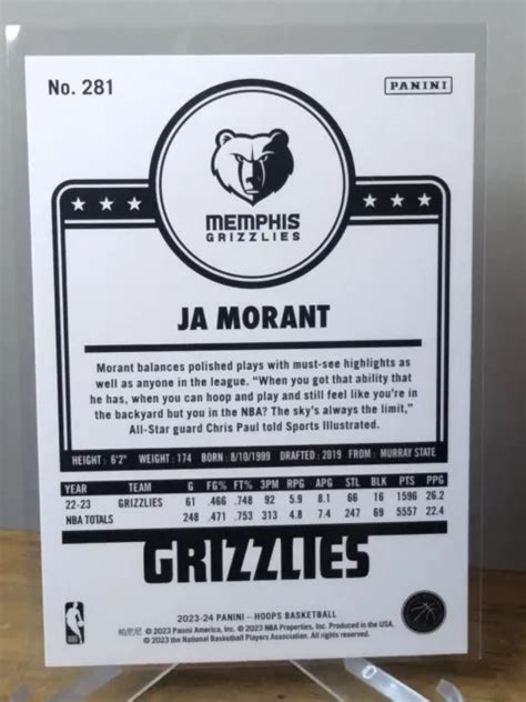 Ja Morant 2023 24 Panini Nba Hoops Carte De Base Hommage 281 Memphis