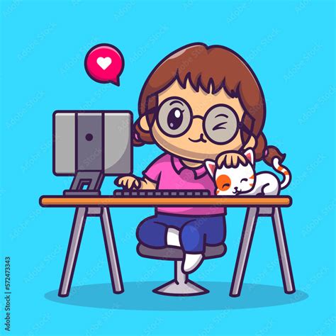 Cute Girl Working On Computer With Cat Cartoon Vector Icon Illustration