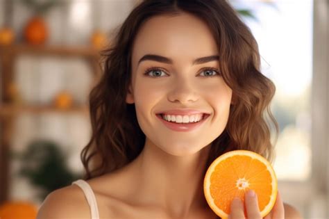 Premium Photo Beautiful Woman With Glowing Hydrated Skin And Orange Fruit