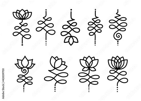 Bundle Of Simple Outline Unalome Lotus Black Flowers Isolated On White