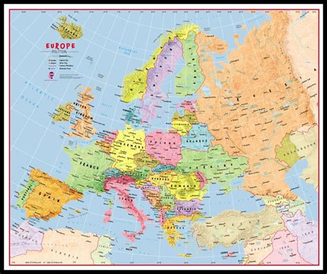 Large Primary Europe Wall Map Political Pinboard Framed Black