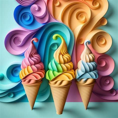 Tres Conos De Helado Con Diferentes Colores De Helado En Ai Generativo