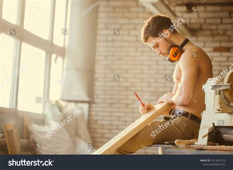 Naked Carpenter Using Straightedge Draw Line Stock Photo Edit Now