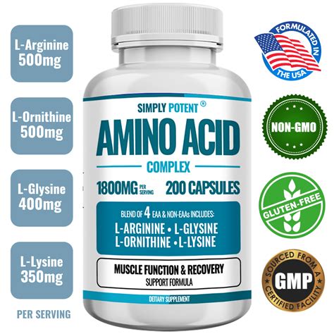 Amino Acid Complex 1800mg 200 Capsules With Blend Of 4 Essential And